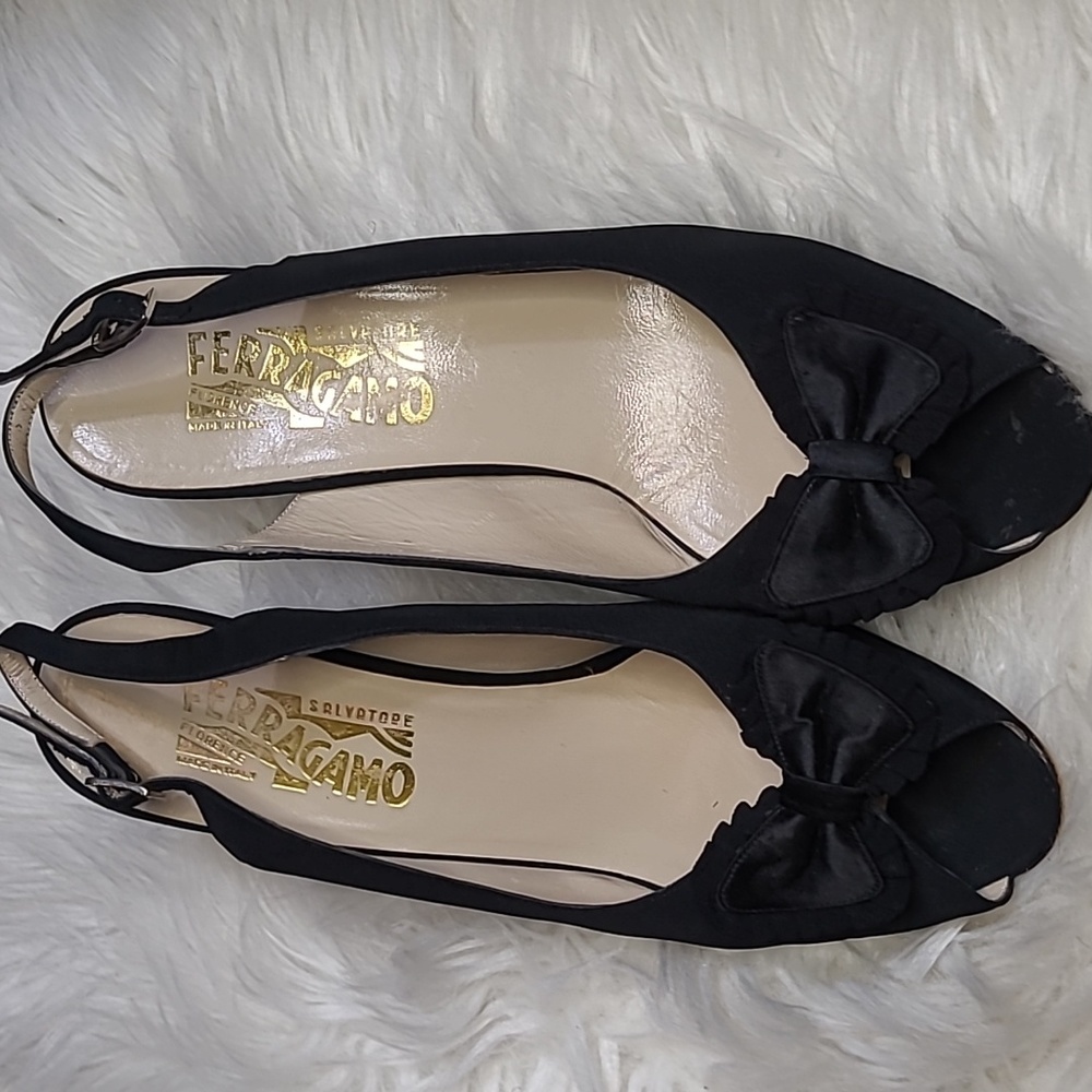Salvatore Ferragamo Black Peep Toe Fabric  Slingback Heels 8